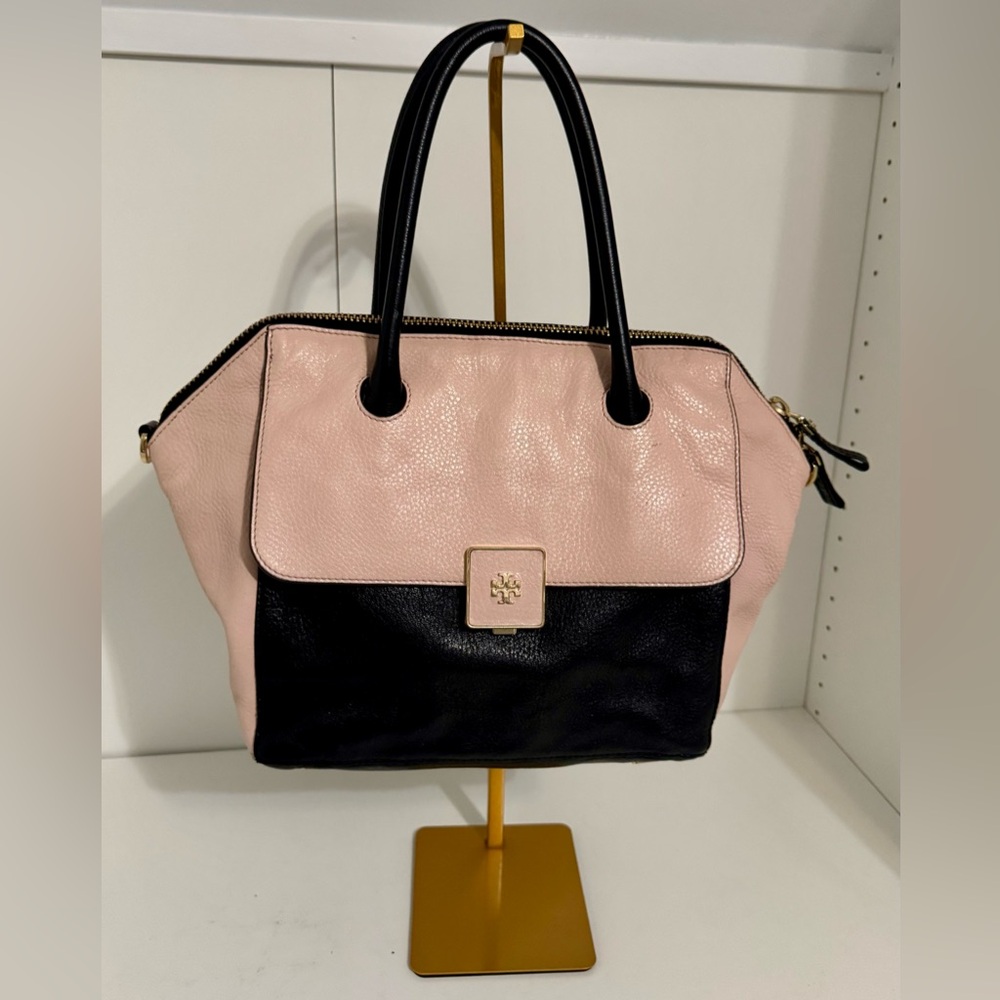 Tory Burch Clara Satchel Black Blush Pink Pebble Leather Tote Bag Gold Hardware
